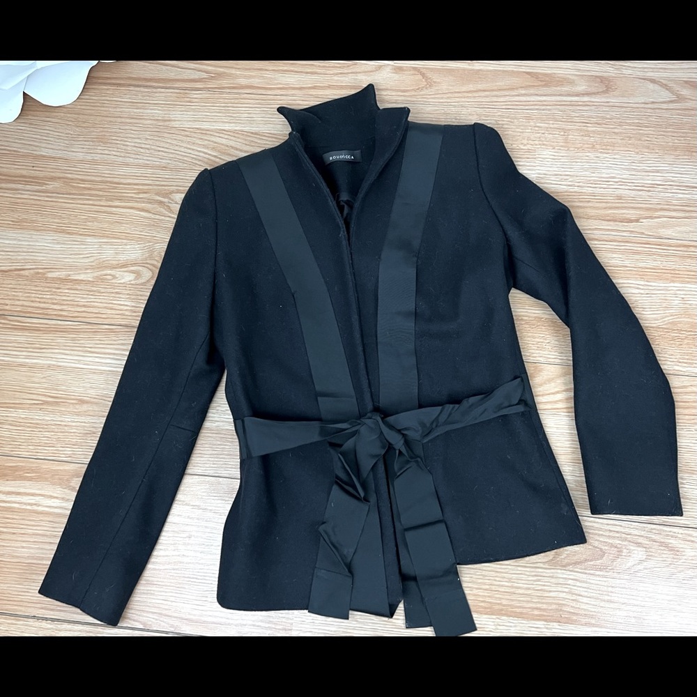 Boudicca  Womens Wool Tie Waist  Blazer Jacket Coat With Collar Black Size 10